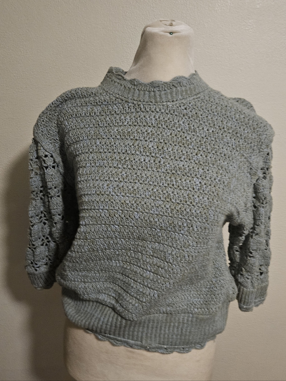 Hannah Art Wear Blue Green Crocheted Sleeve Sweater 2 Designer